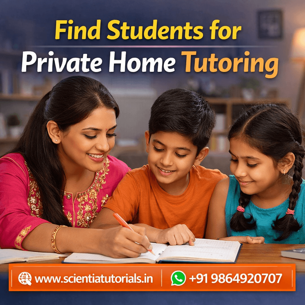 Assamese home tutor teaching a student at home with text "Find Students for Private Home Tutoring" and contact details website and WhatsApp number
